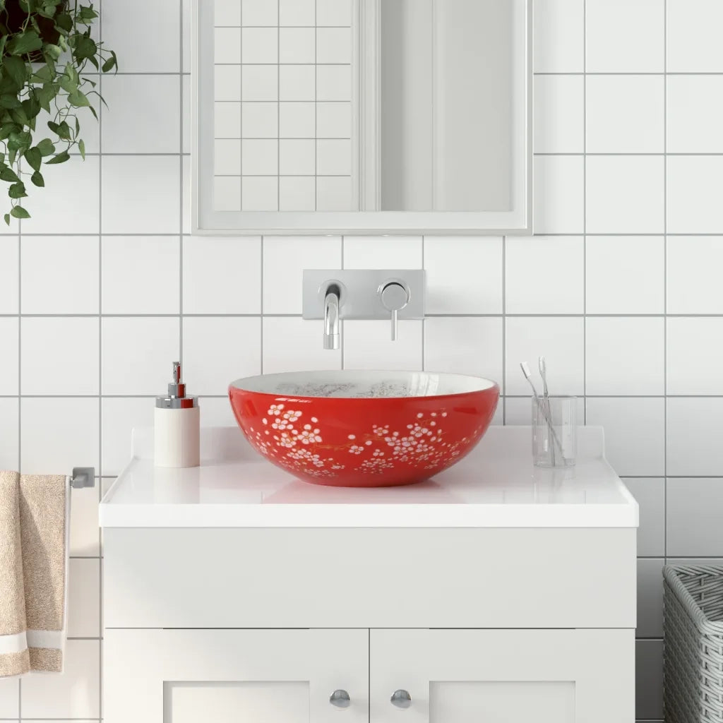 Lavabo da Appoggio Bianco e Rosso Rotondo ¦µ41x14 cm Ceramica CFW3021282