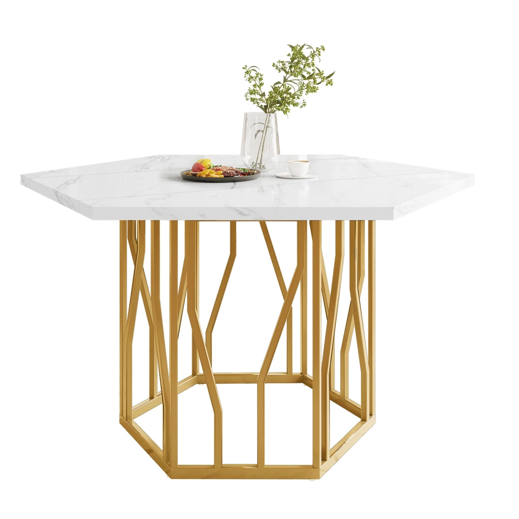 Tavolo da pranzo esagonale con piano effetto marmo e base in metallo dorato, per soggiorno, 115,5 × 100 × 75 cm