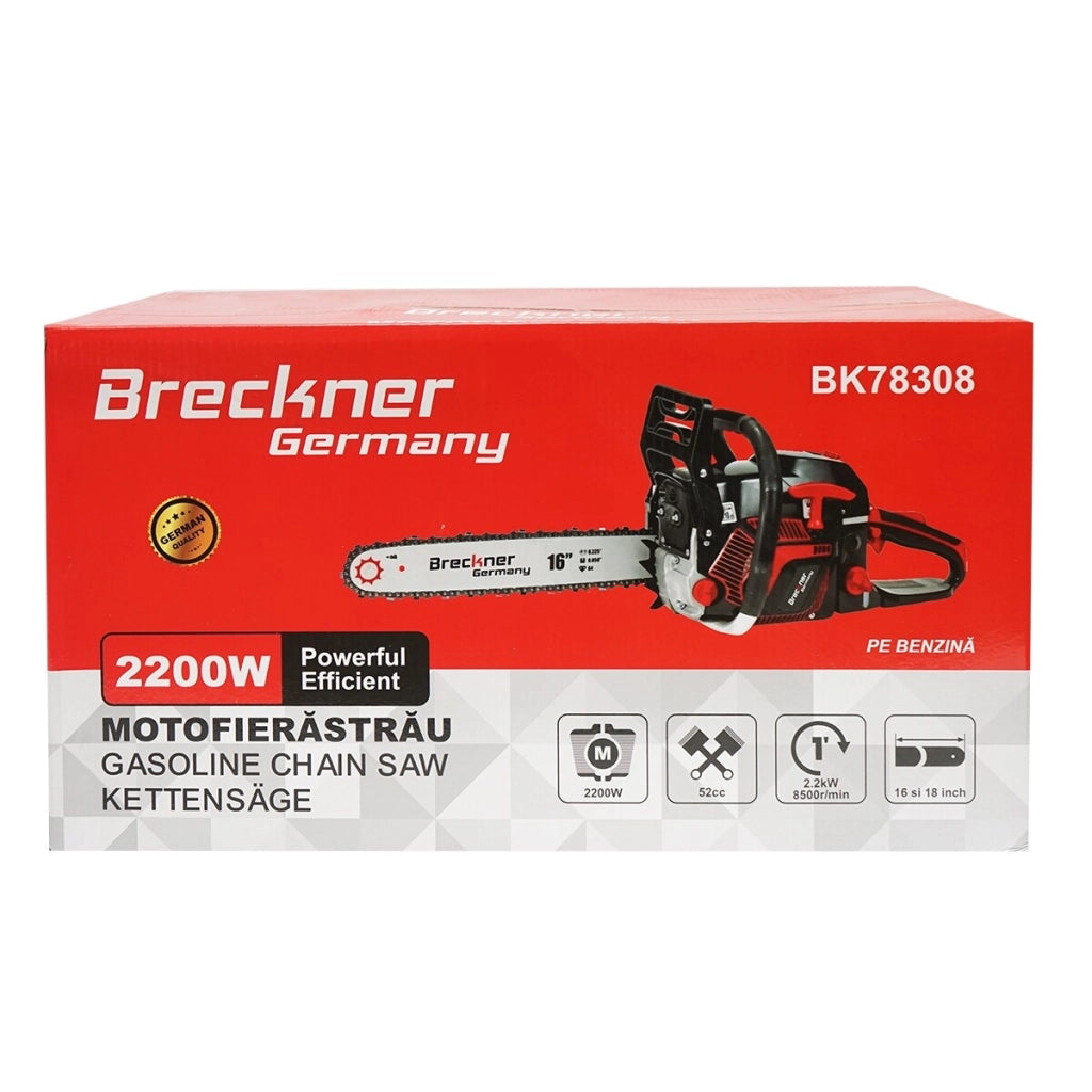 Motosega a benzina con motore a 2 tempi 2.2Kw, 8500rpm. 52cc. con lama 16/18", Motosega a sccoppio Breckner Germany
