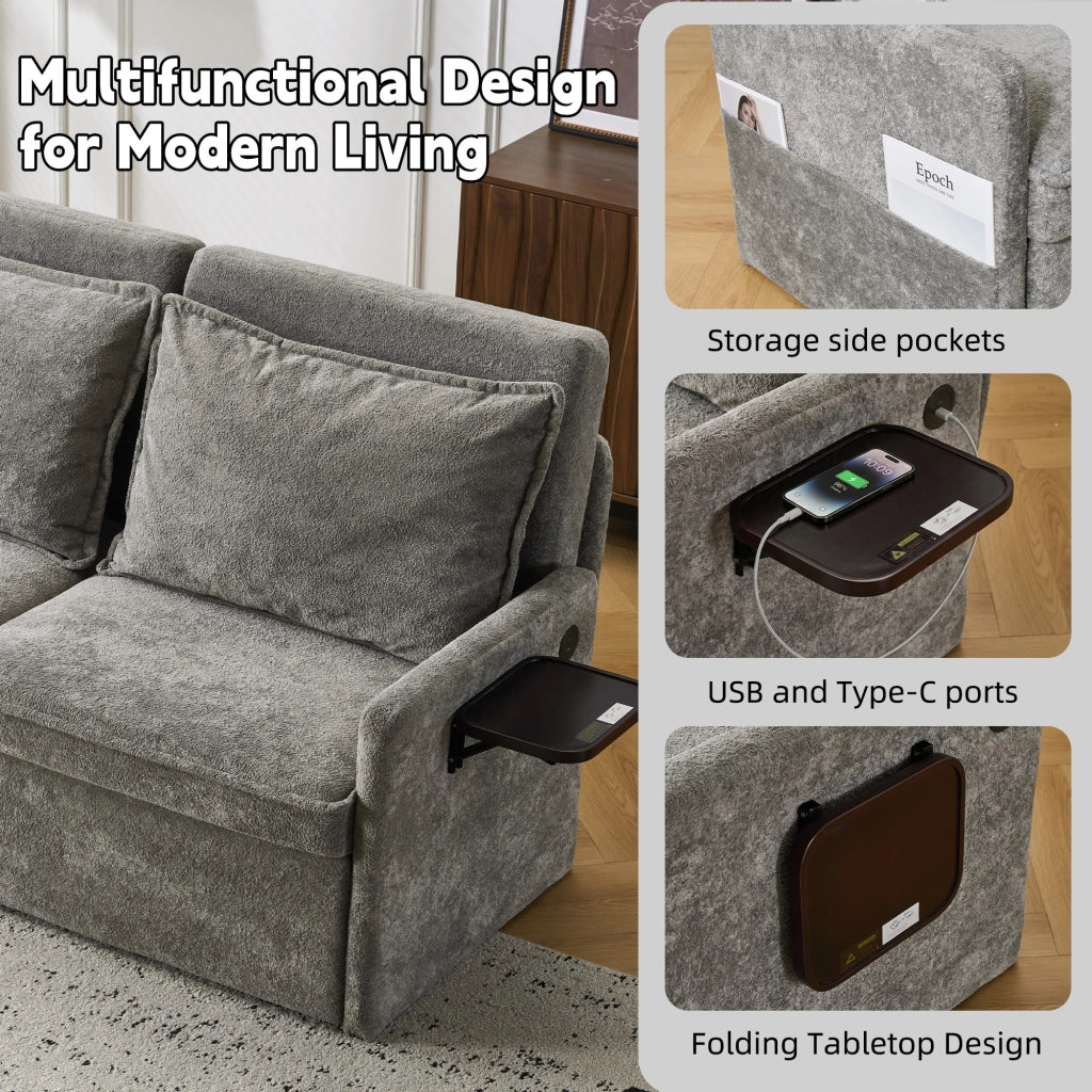 Divano letto con schienale regolabile a 5 posizioni, tasche laterali e porta USB Type-C, in ciniglia grigio