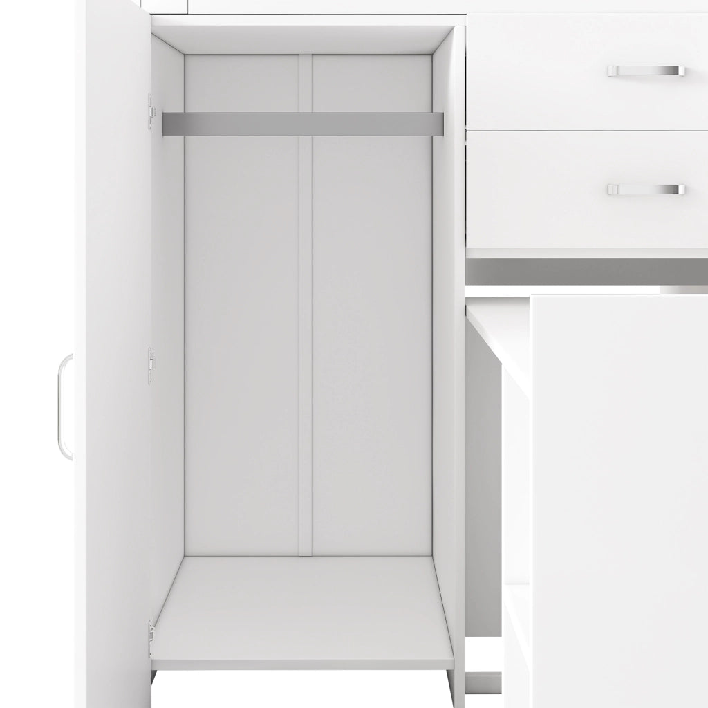 OKWISH Letto a Castello 90×200 cm, Letto Singolo con Scrivania Estraibile, Armadio, 2 Cassetti, Mensole e Scala, senza Materasso, Bianco Nero