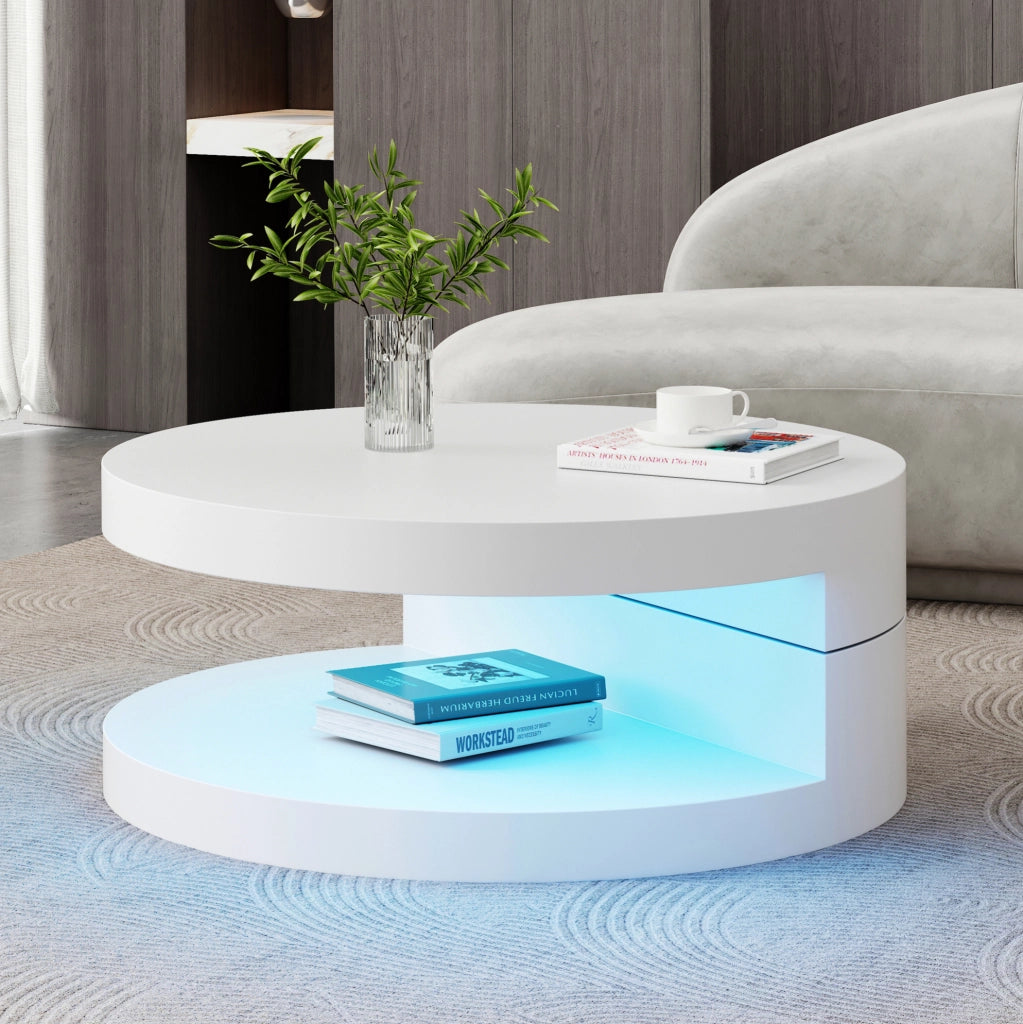 Tavolino rotondo girevole con LED, doppio piano e struttura in MDF