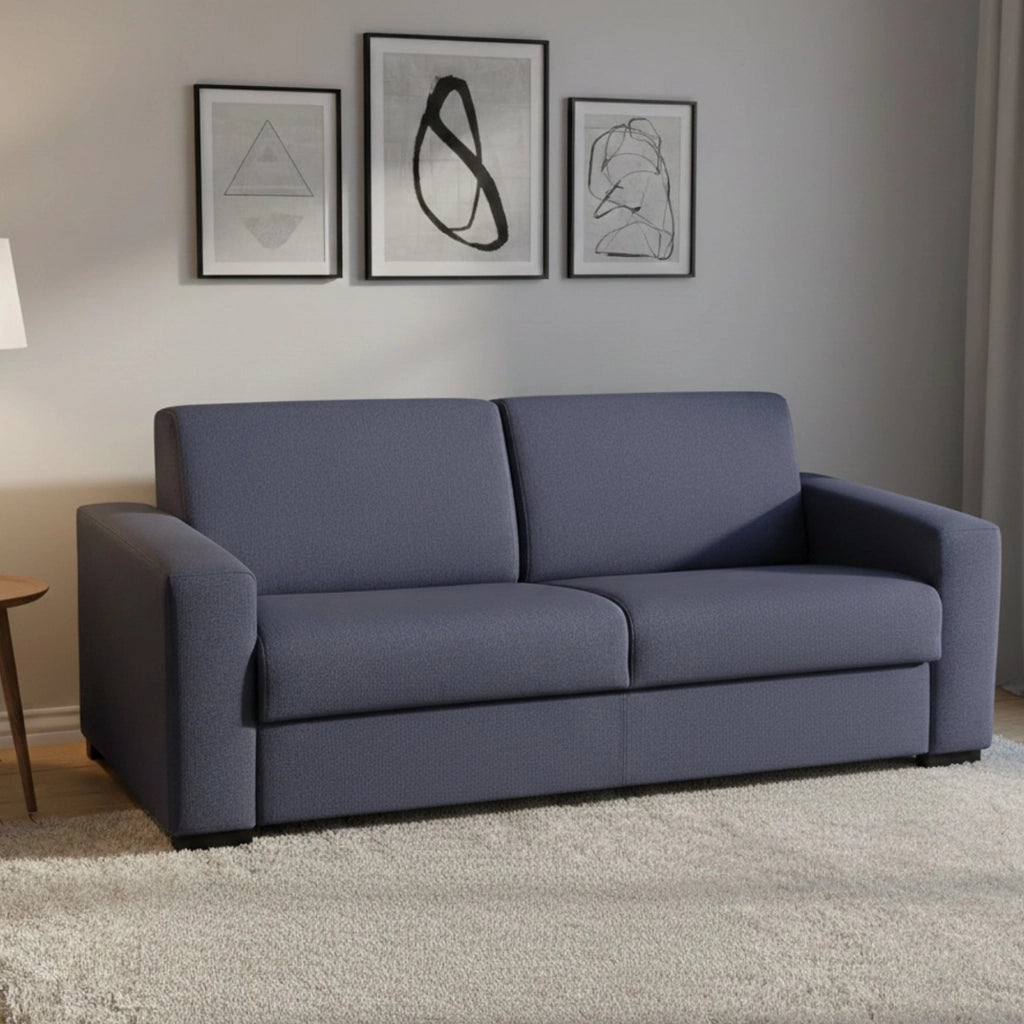 Divano Letto Asimi, Divano a 2 posti, Made in Italy, SofÒ  Soggiorno con apertura girevole, in tessuto imbottito, con Braccioli standard, cm 180x95h90, Blu