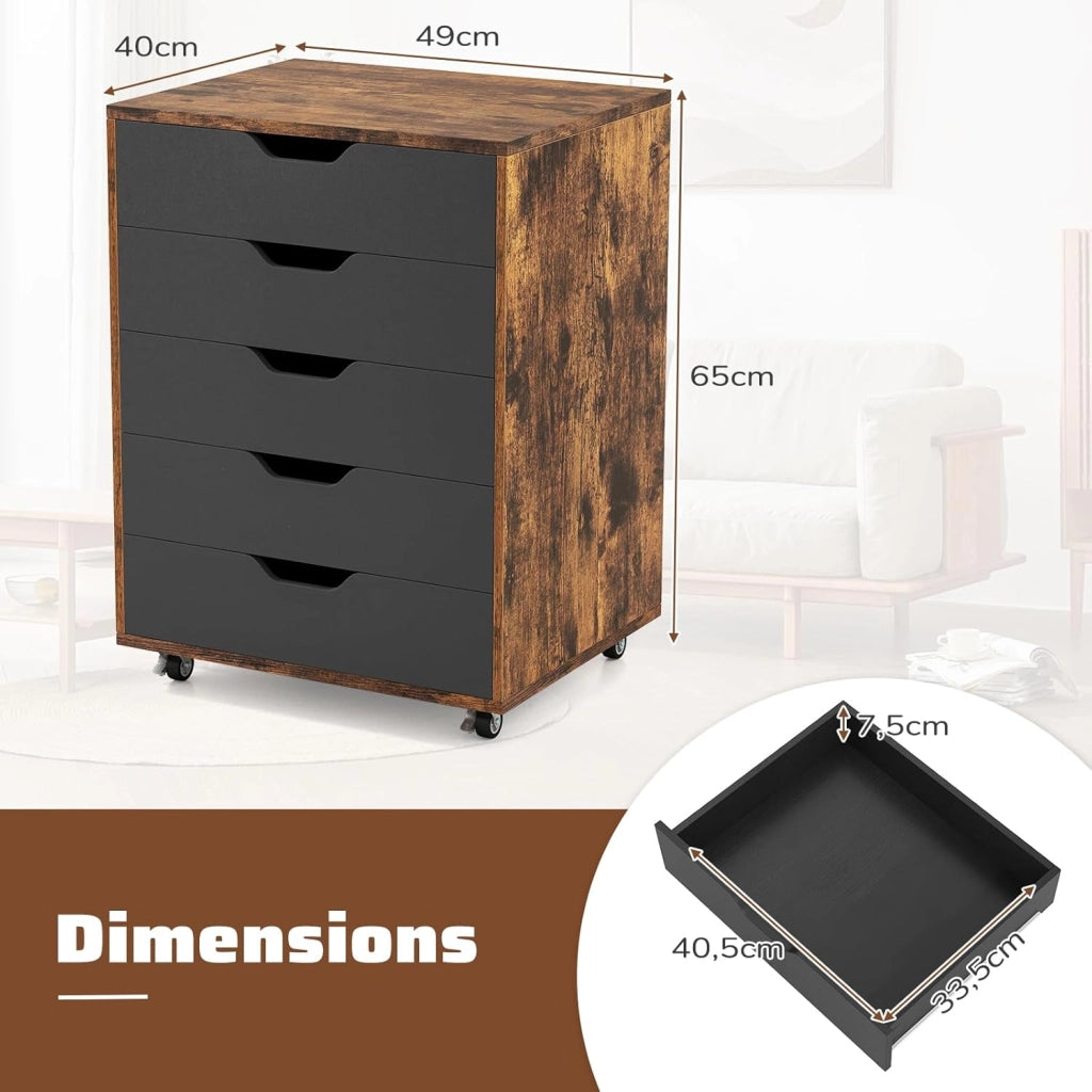 Cassetto da scrivania mobile con 5 cassetti da ufficio, mobile da ufficio, organizer con ruote, supporto per stampante per cartelle, documenti, documenti, carta, 48 x 39,5 x 69,5 cm (Marrone)