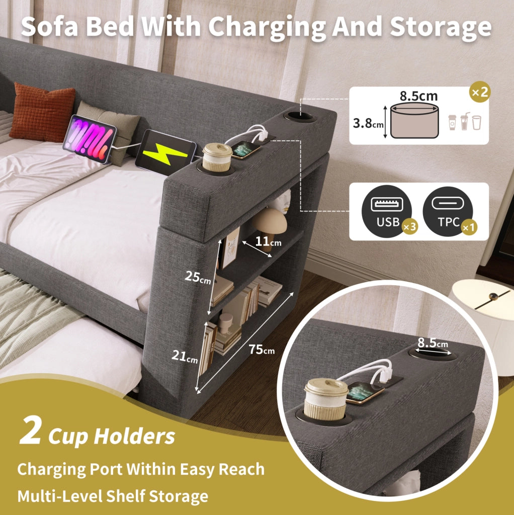 Divano letto estraibile ULEVR 90x190 cm con USB, Type-C, portabevande e vani laterali, grigio