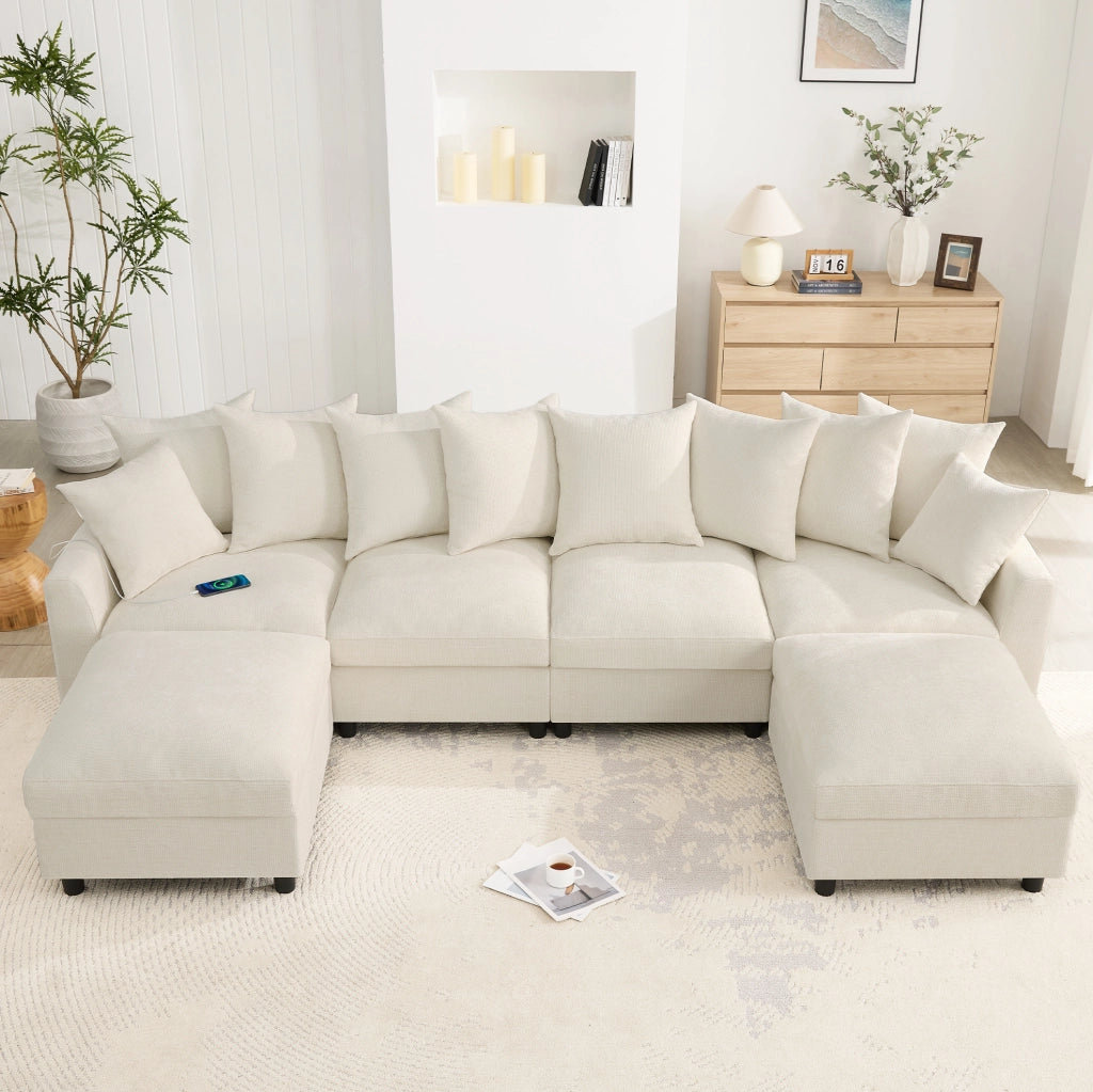 Divano angolare modulare 6 posti a U/L con 2 pouf; USB e Type-C; ciniglia beige