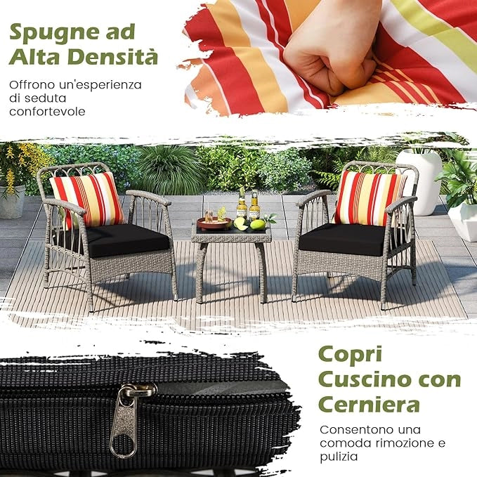 Set Salotto da Giardino in Rattan PE, Set da Esterno con 2 Poltrone Divani Schienale Regolabile, 4 Cuscini e Tavolo, Set Attedo Giardino Resistente, per Balcone, Patio e Terrazza