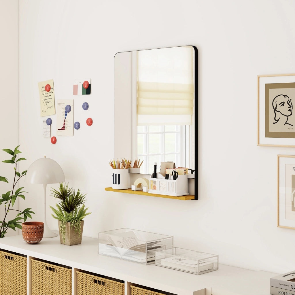 Specchio Muro con Mensola ¨C zephmum ¨C Nero Legno 80x60 cm