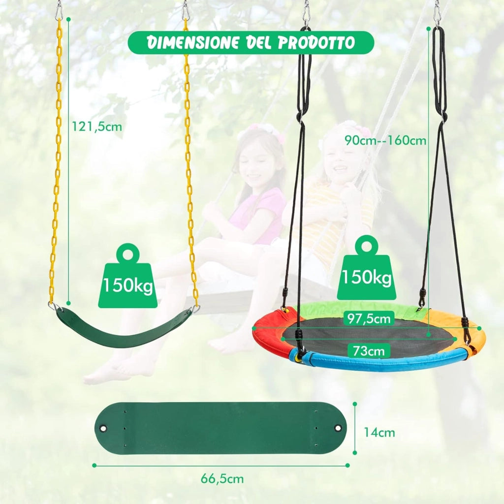 Set Altalena da Giardino per Bambini, Struttura di Metallo ad A con 1 Sedile in EVA Morbido e 1 Altalena Nido, Capacità 300 kg, Ideale per Giardino Parco Giochi (Rosso+Blu, Altalena+Supporto)