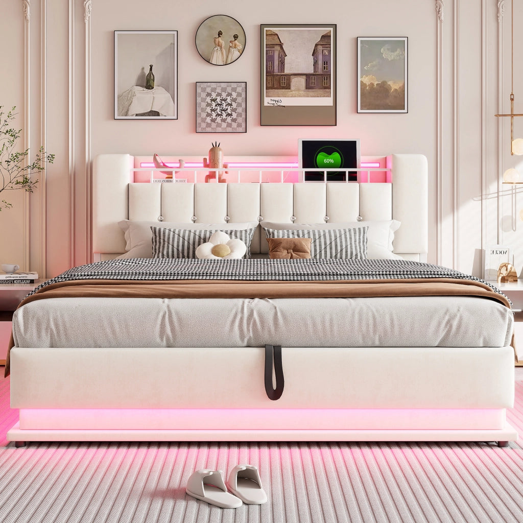 Letto Contenitore 180x200 cm; con USB e LED; in Tessuto Imbottito; Beige