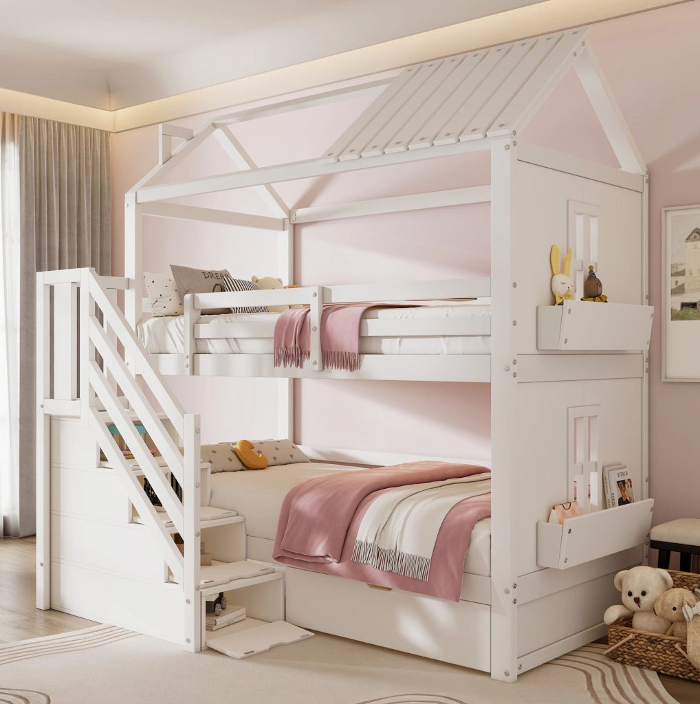 Letto a castello per bambini 90 x 200 cm con scala contenitore bianco