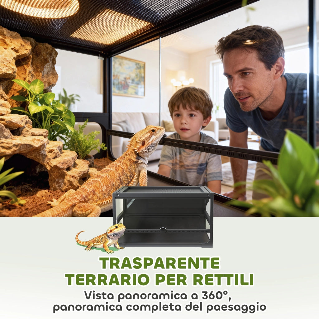 Rettilario Rialzato e Pieghevole 60x45x32 cm con Coperchio e Pareti in Vetro Temperato e Plastica Nero