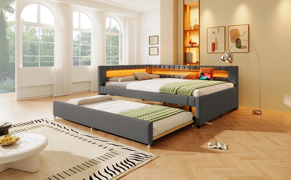 DESMIU Divano letto 140 × 200 cm 2 posti con LED, USB, Type-C e letto estraibile, senza materasso, grigio
