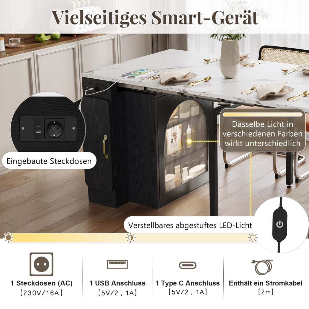 Tavolo da pranzo - isola cucina su ruote - piano estraibile e rimovibile - con prese - nero - per cucina e sala