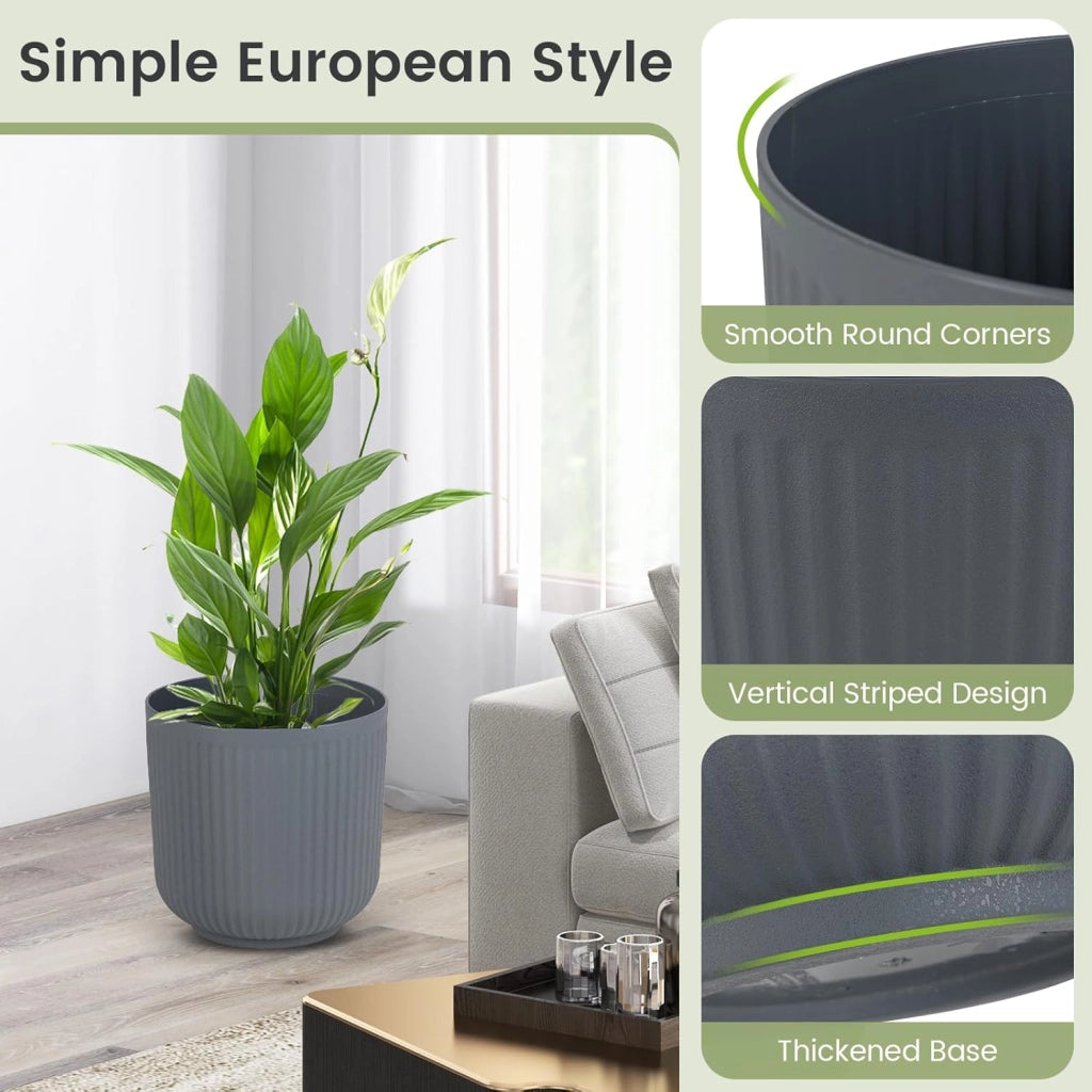 Set di Vasi Rotondi in Plastica, 2 Vasi per Fiori a Strisce con Sistema di Drenaggio Opzionale, Vasi Decorativi per Piante da Interni ed Esterni per Veranda, Giardino e Balcone