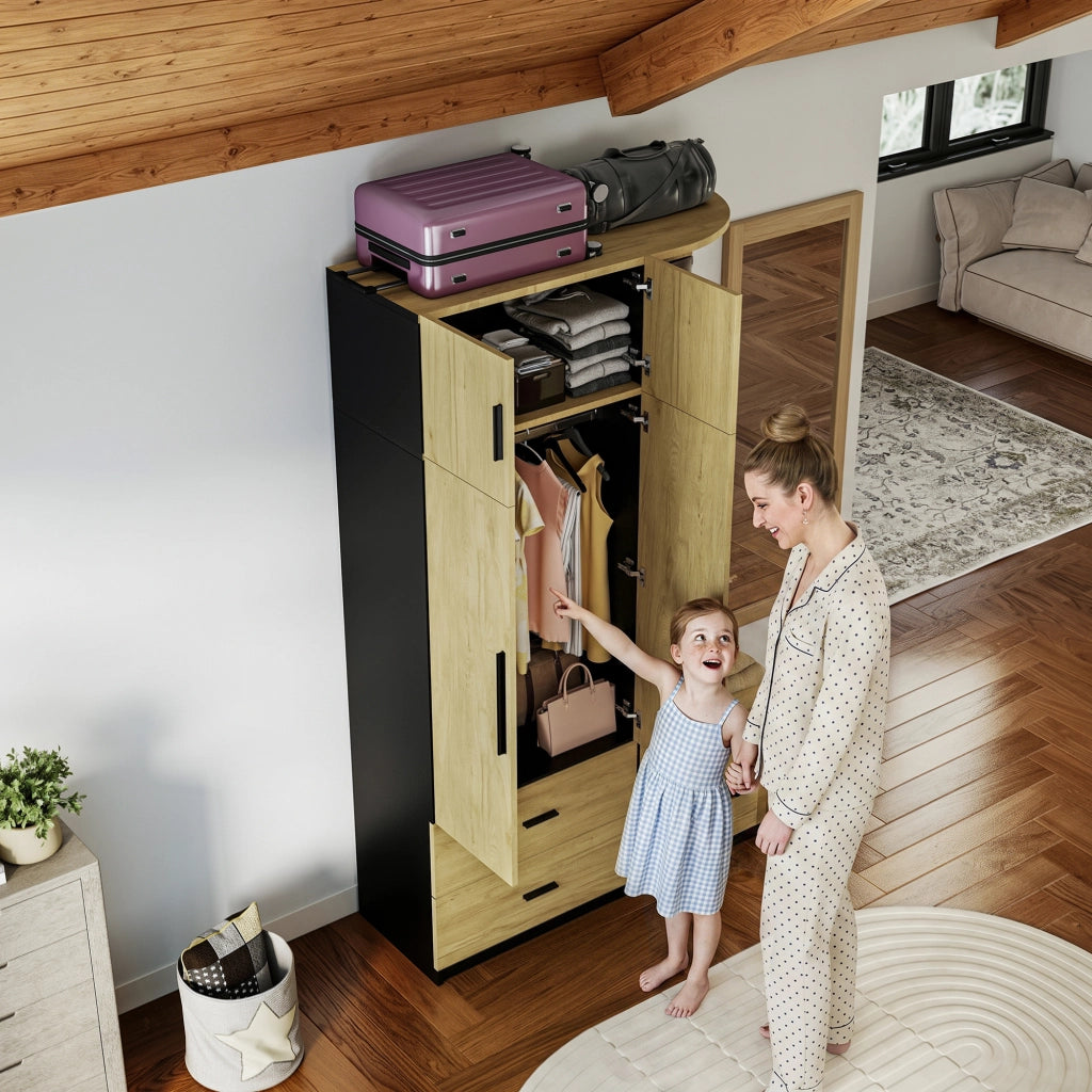 Armadio con 5 cassetti; 2 ante e barra appendiabiti; con vani aperti; per camera da letto; naturale e nero; 110 × 40 × 186 cm