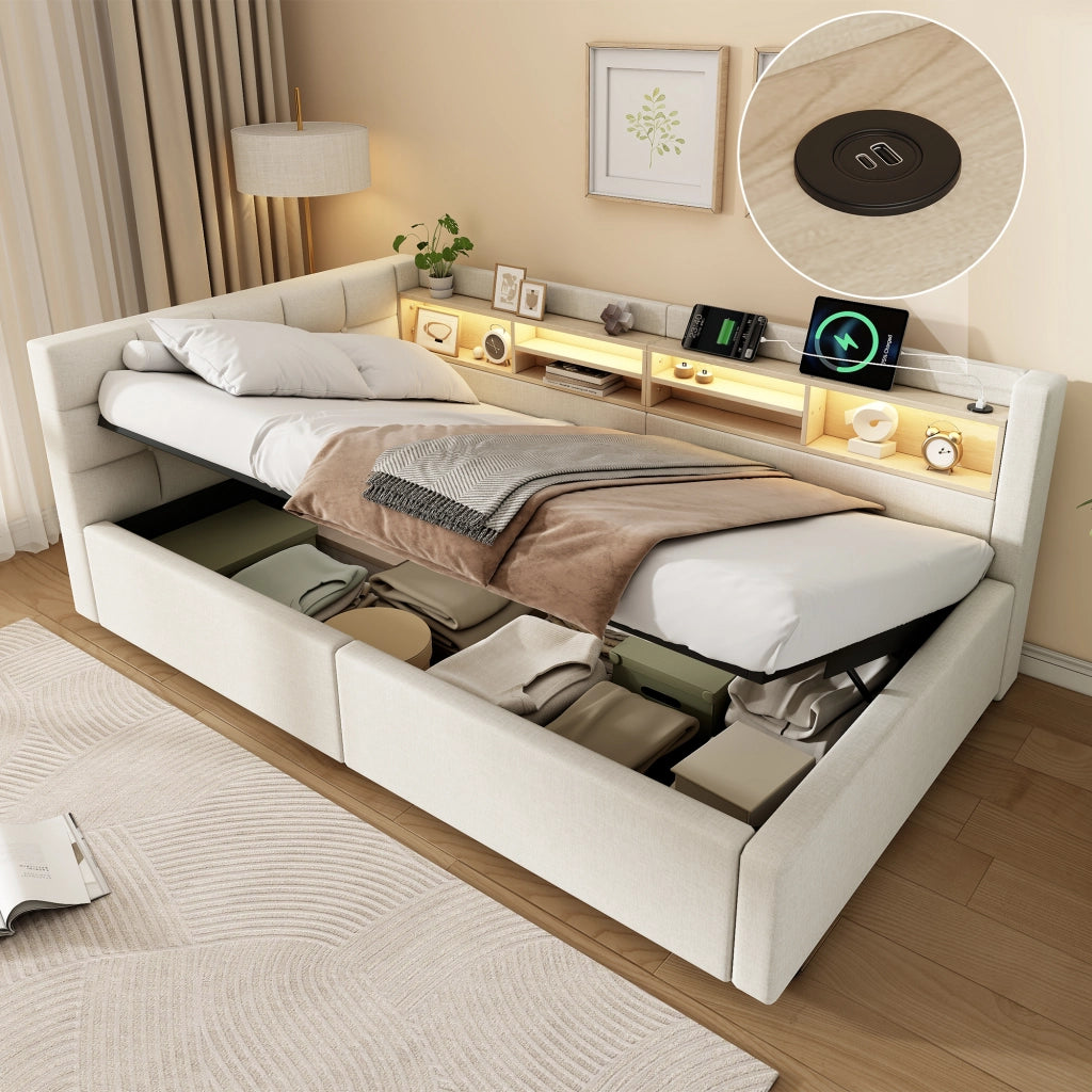 Letto contenitore 90x200 cm con LED dimmerabile; testiera con ripiano e prese USB; rivestimento in lino; beige
