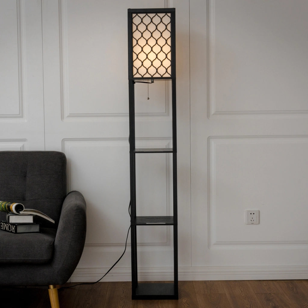 Lampada con scaffale di legno, Organizer con lampada per salone e camera da letto, Nero