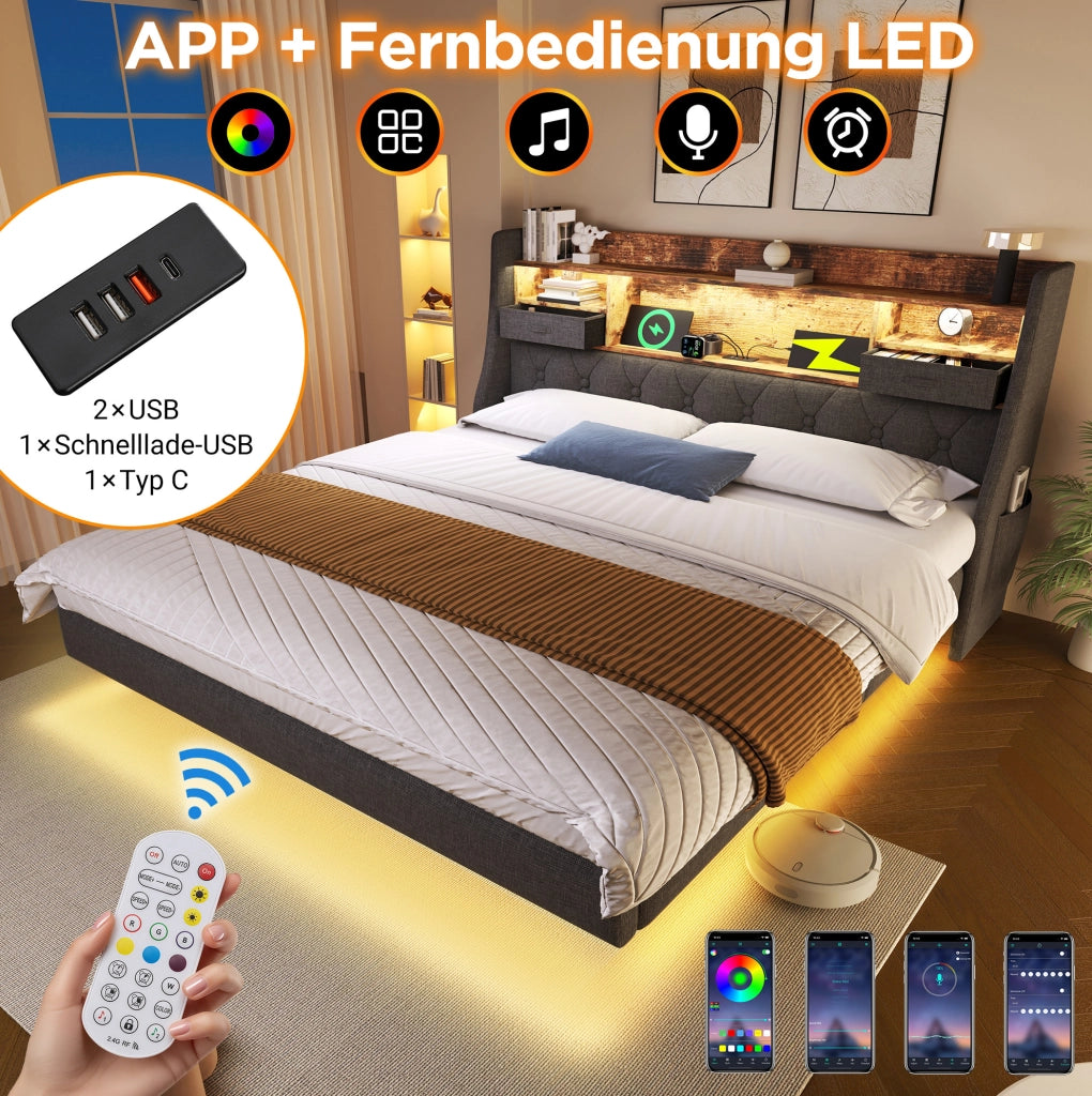 Letto imbottito grigio 160x200 cm con LED, testiera portaoggetti e ricarica USB