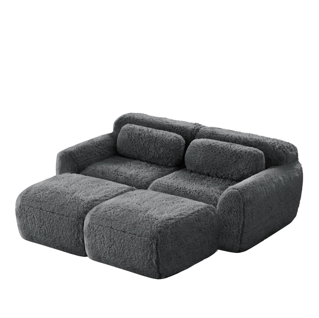 Divano modulare 2 posti grigio in peluche, con 2 pouf collegabili
