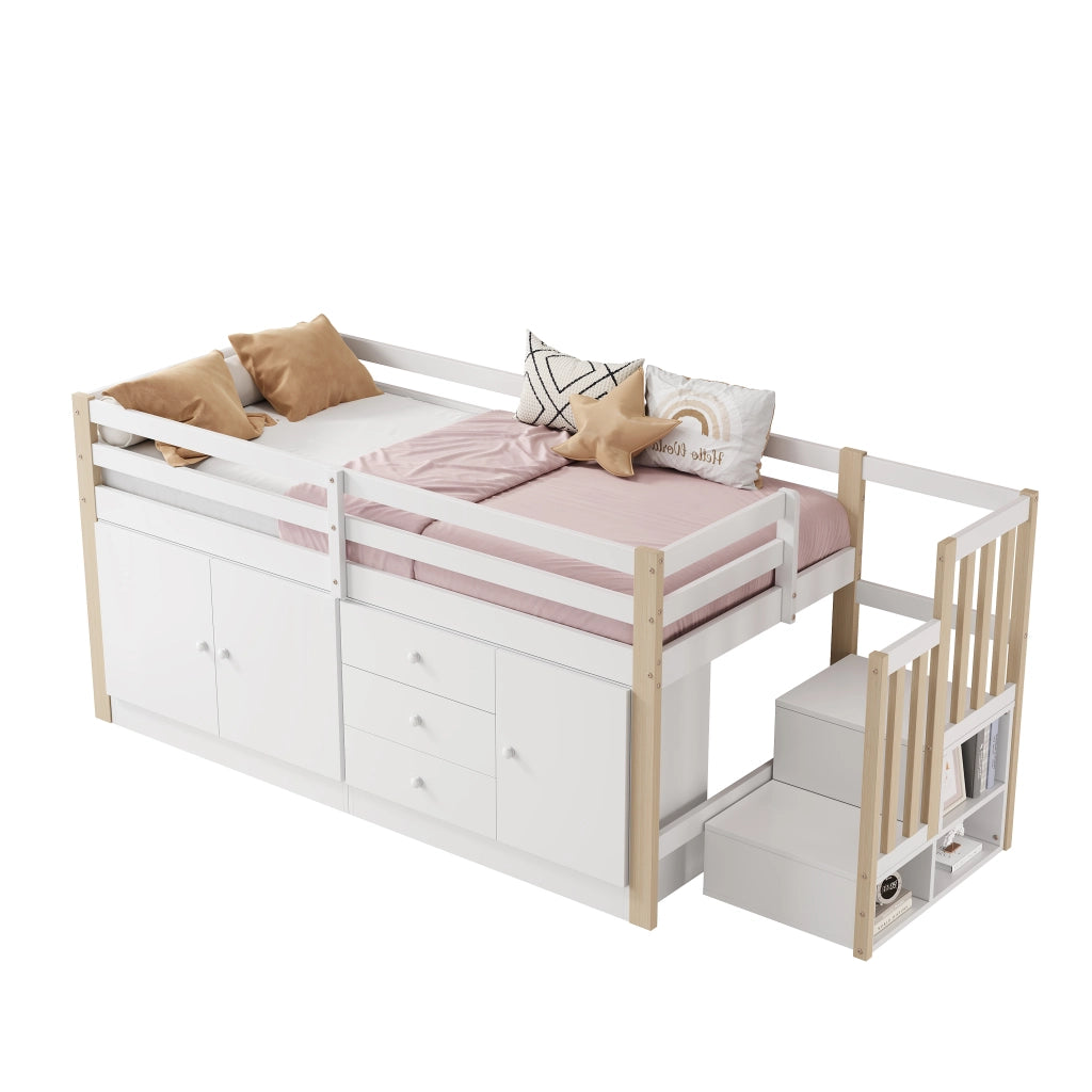 Letto a castello bianco con scala cassetti e armadietti in MDF 90x200 cm
