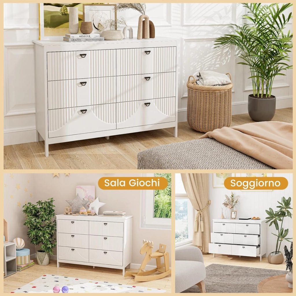 Comò a 6 Cassetti, Cassettiera Multifunzionale a 3 Ripiani, Armadio da Stoccaggio con Kit Anti-Ribaltamento, Ampio Spazio per Camera da Letto Soggiorno Ingresso, 106 x 40 x 79 cm