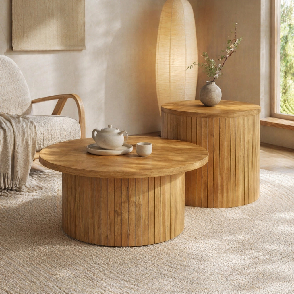 TAVOLINO da caffè rotondo Set da 2 pezzi MDF naturale 75x75x36+50x50x50,5 cm