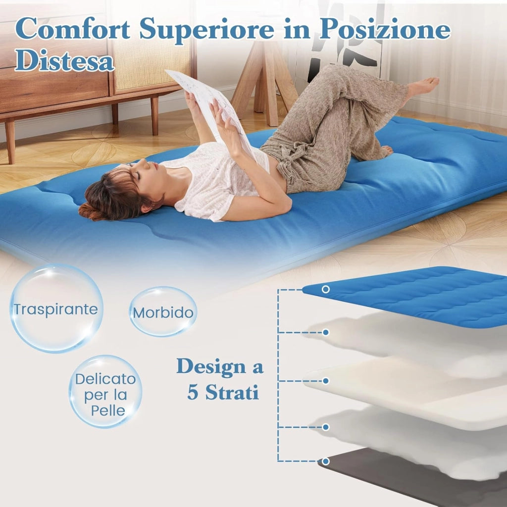 Materasso Futon Pieghevole, Materasso Portatile con Sacca da Trasporto per Camping, Materasso da Terra con Copertura Lavabile (200 x 90 cm, Blu)