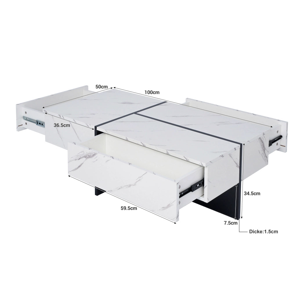 Tavolino da salotto con 3 Cassetti e LED controllato da App; Finitura Marmo Lucido; Soggiorno; 100 × 50 × 34.5 cm