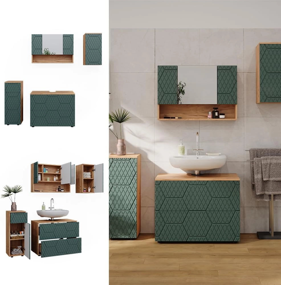 Set mobili bagno Irma, Quercia verde/oro, 4 parti
