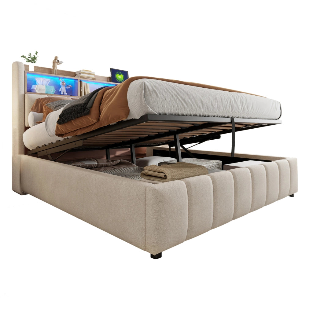 Letto matrimoniale imbottito 180x200 cm con LED; USB e contenitore; in lino beige