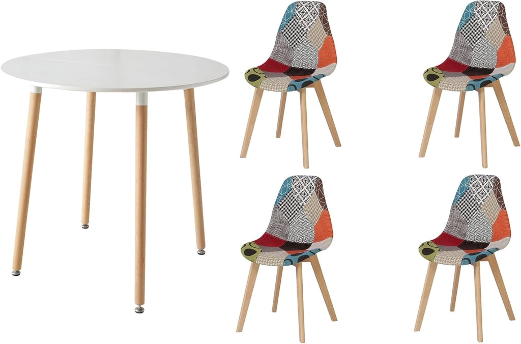 GrandCA HOME Tavolo da pranzo e 4 Sedie da Pranzo Set da Pranzo Moderno, Tavoli Rotonda Bianchi e Cuscino di Seduta in Tessuto Patchwork Sedie da Cucina, Blu