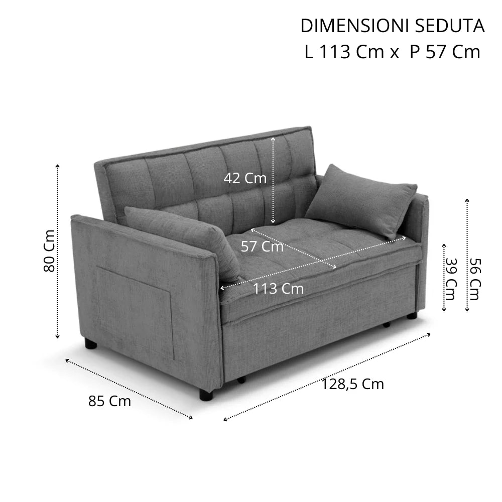 Divano letto modello PALERMO con 2 cuscini, massima imbottitura, design adatto per ambienti classici e moderni, colore Grigio