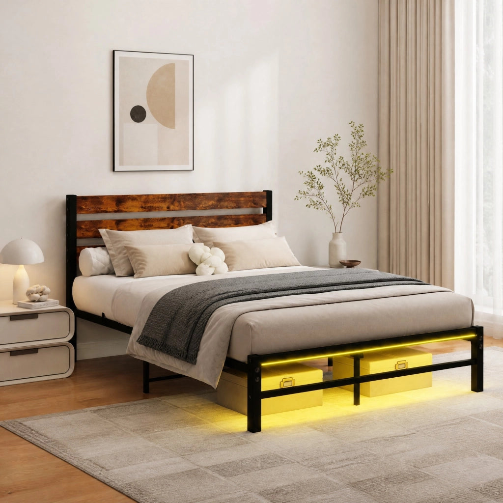 LETTO matrimoniale 120x200 cm in MDF e metallo, marrone antico, con LED