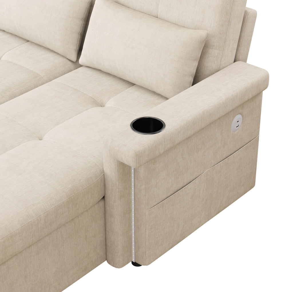 Divano letto angolare 209x141;5x90 cm in ciniglia beige con LED; USB/USB-C e contenitore