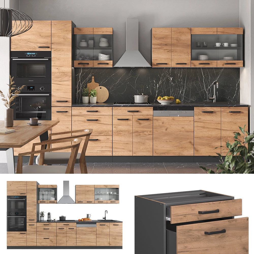 Vicco Cucina componibile Quercia dorata/antracite 350 cm con armadio alto, senza piano di lavoro