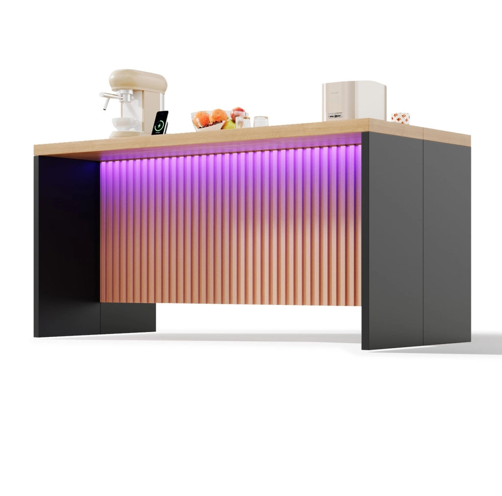 Isola da cucina 155x80x90 cm in MDF; nero e naturale; LED; prese EU; USB