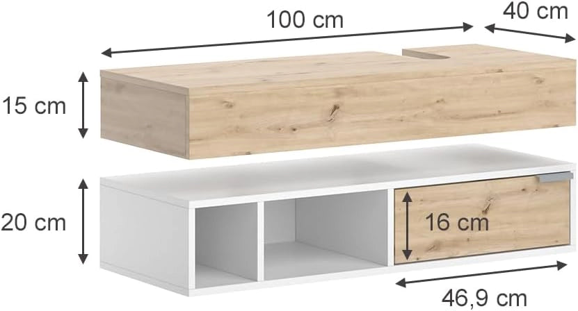Mobile sottolavabo per bagno Henri, Bianco, 100 x 15 cm con cassetto, per il montaggio sotto il lavandino con ritaglio per sifone
