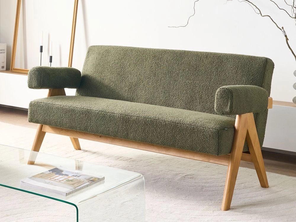 Divano a 2 posti Rivestimento in bouclé verde e marrone chiaro Design retrò Gambe in legno Soggiorno