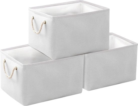 Set di archiviazione 3 pezzi di cassetti ripiegabili in canapa con maniglie - contenitore di archiviazione in tessuto per abbigliamento e asciugamani - bianco - 34 x 22 x 17 cm