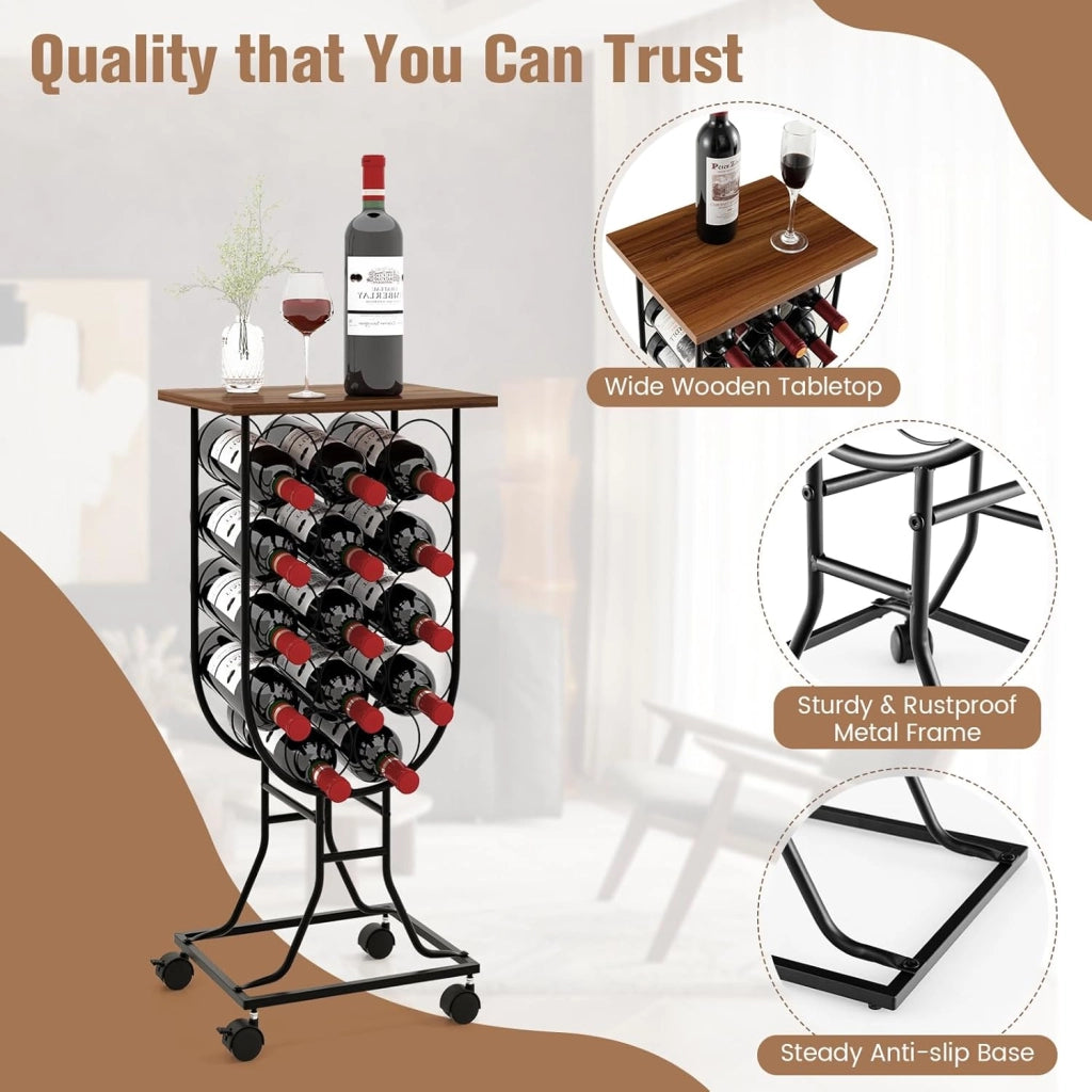 Portabottiglie per Vino per 14 Bottiglie con Ruote Bloccabili, Scaffale per Vino, Organizer per Bottiglie in Stile Rustico, per Bar, Cucina, Sala da Pranzo, 38 x 30 x 76 cm