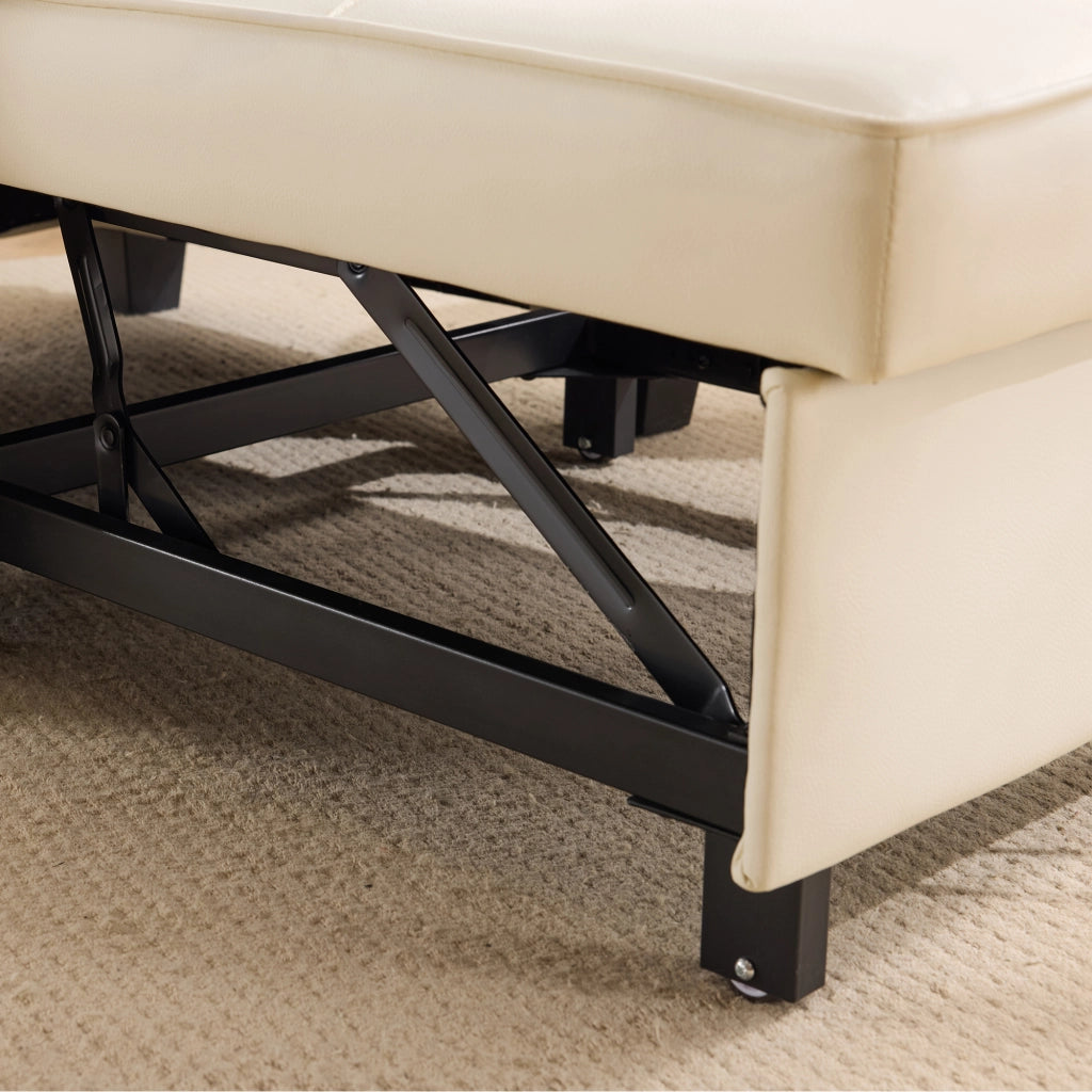 Divano letto singolo 3 in 1 con portabicchieri e tasca laterale in pelle PU bianca legno e metallo per piccoli spazi