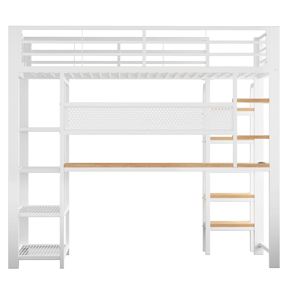Letto a soppalco 90x200 cm con scrivania, LED e prese in ferro bianco