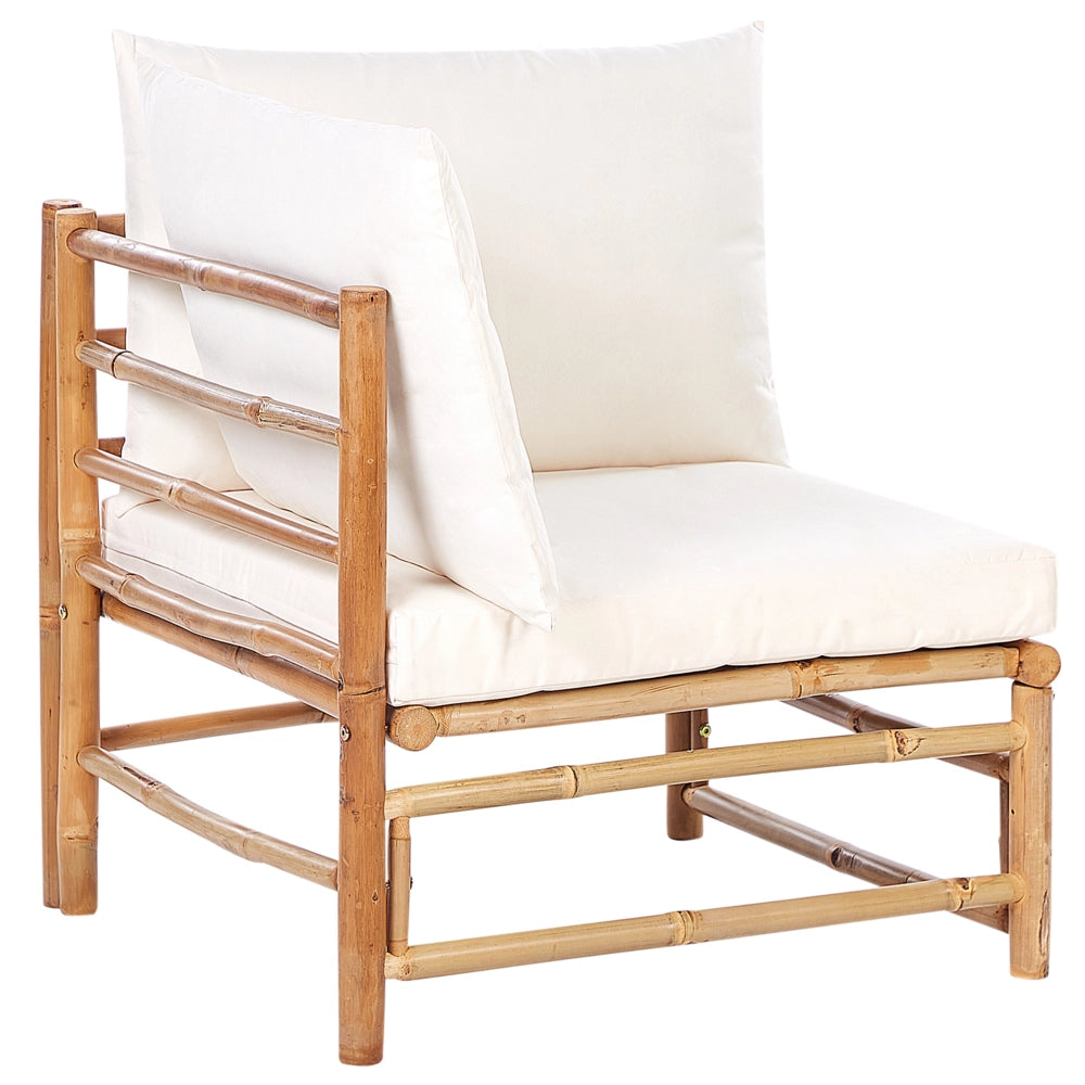 Set angolare da giardino modulare a 5 posti con divano e tavolino in bambù naturale e cuscini bianco crema esterno elegante