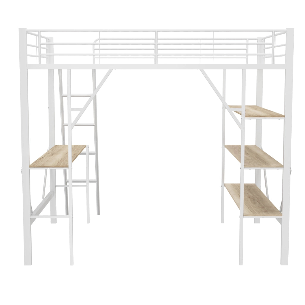 Letto a castello bianco con scrivania e tre ripiani in metallo e MDF 90x200 cm
