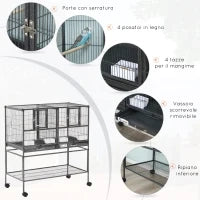 Doppia Gabbia per Uccelli in Metallo di Alta Qualità con Vassoi Estraibili, Supporto Stabile con 4 Ruote e Ripiano, 95x45.5x102cm, Nero Grigio