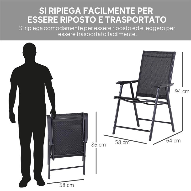 SET 2 SEDIE DA GIARDINO PIEGHEVOLI CON BRACCIOLI IN METALLO E TEXTELINE, 58X64X94CM, NERO