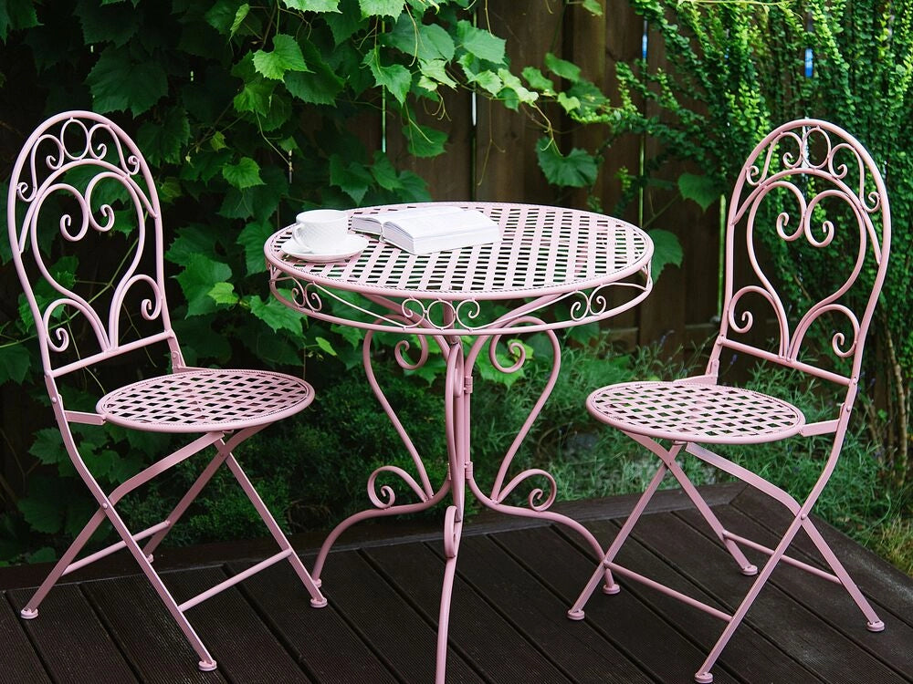 Tavolo da bistrò all'aperto con volute decorative verniciate a polvere di metallo rosa