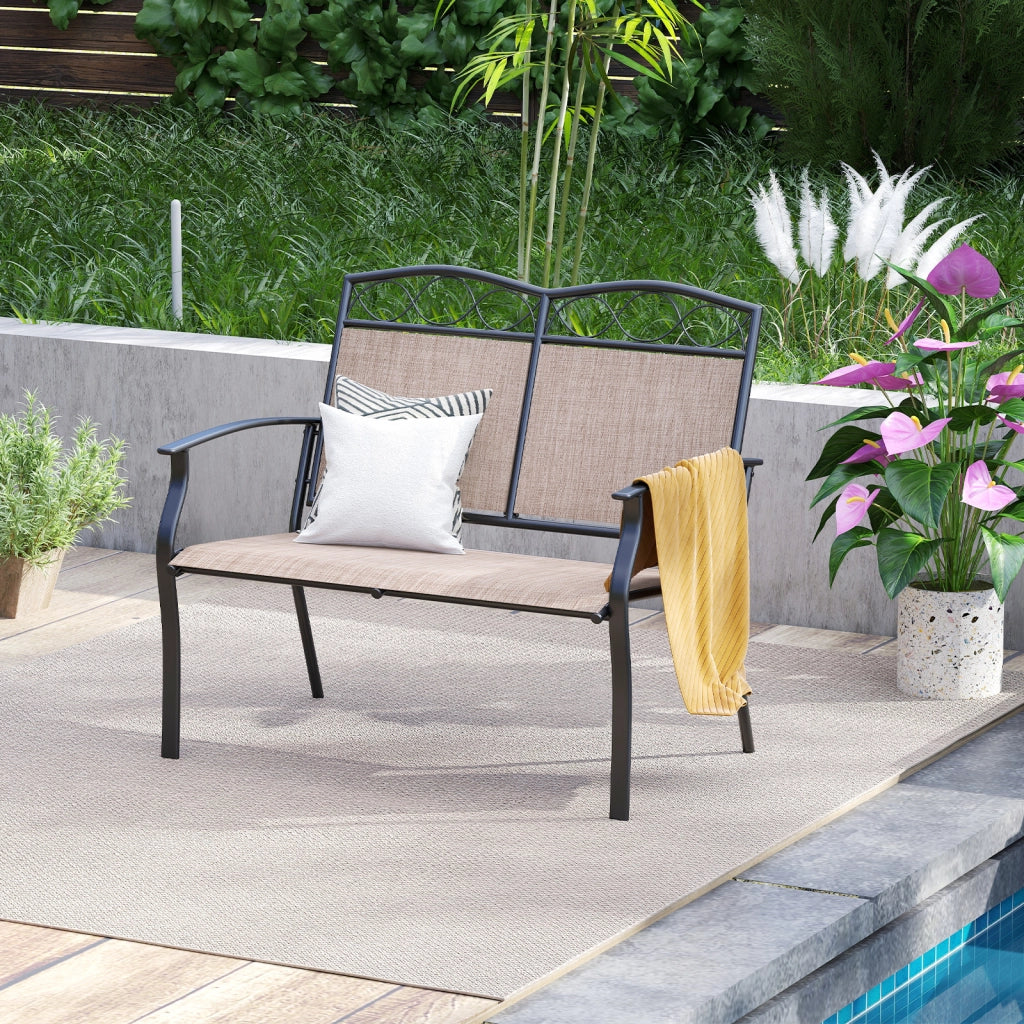 Panca esterno 2 persone metallo robusto tessuto traspirante, Divanetto patio braccioli curvi giardino veranda piscina 300kg