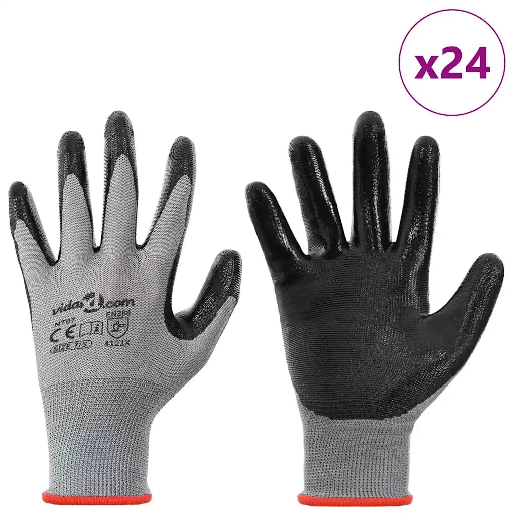 Guanti da Lavoro 24 pcs Grigio e Nero 7 / S Poliestere
